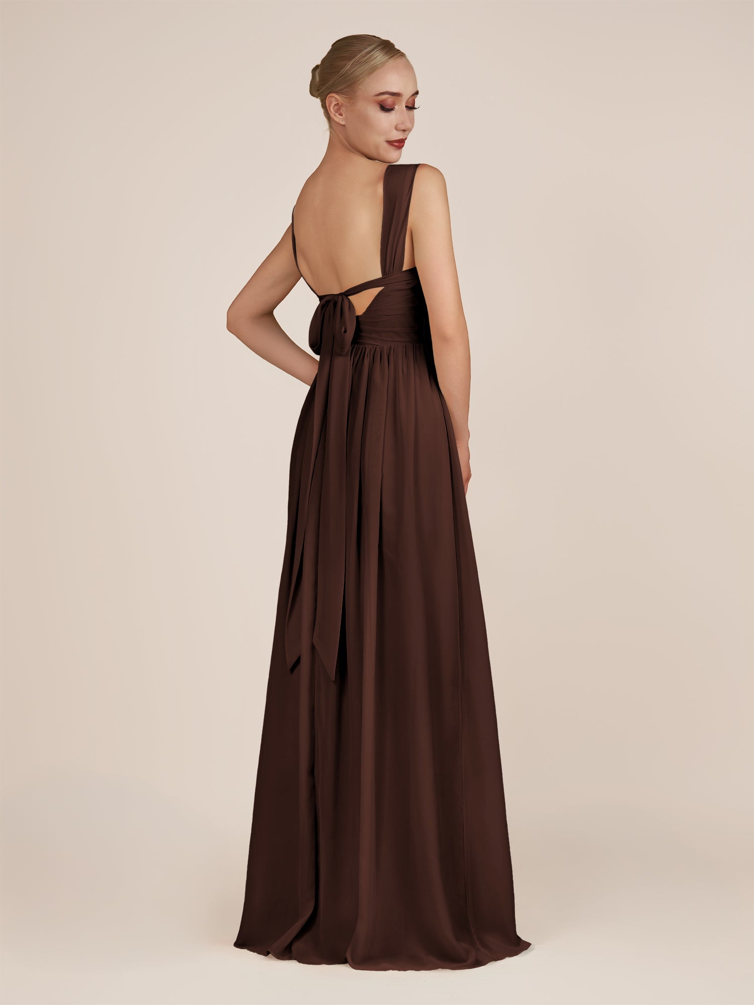 KissDress-Azura Espresso A-Line V Neck Chiffon Pleated Long Bridesmaid Dress with Slit