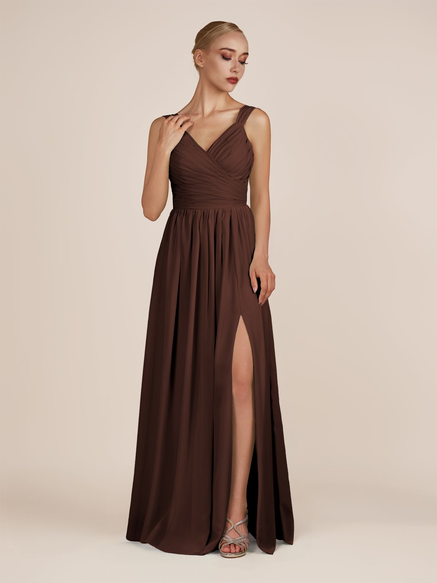 KissDress-Azura Espresso A-Line V Neck Chiffon Pleated Long Bridesmaid Dress with Slit