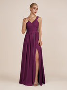 KissDress-Azura Fig A-Line V Neck Chiffon Pleated Long Bridesmaid Dress with Slit