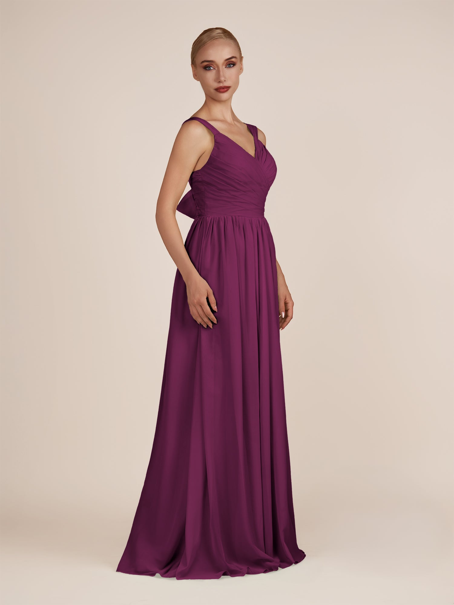 KissDress-Azura Fig A-Line V Neck Chiffon Pleated Long Bridesmaid Dress with Slit