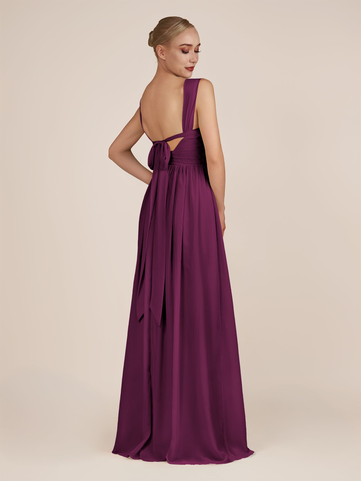 KissDress-Azura Fig A-Line V Neck Chiffon Pleated Long Bridesmaid Dress with Slit