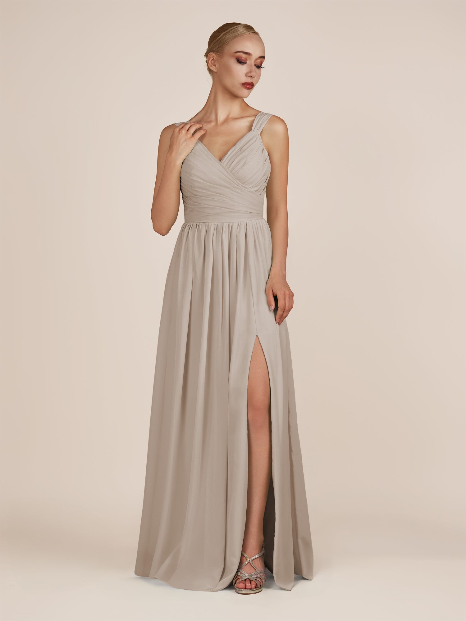 KissDress-Azura Frost A-Line V Neck Chiffon Pleated Long Bridesmaid Dress with Slit