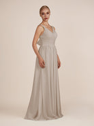 KissDress-Azura Frost A-Line V Neck Chiffon Pleated Long Bridesmaid Dress with Slit