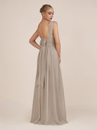 KissDress-Azura Frost A-Line V Neck Chiffon Pleated Long Bridesmaid Dress with Slit