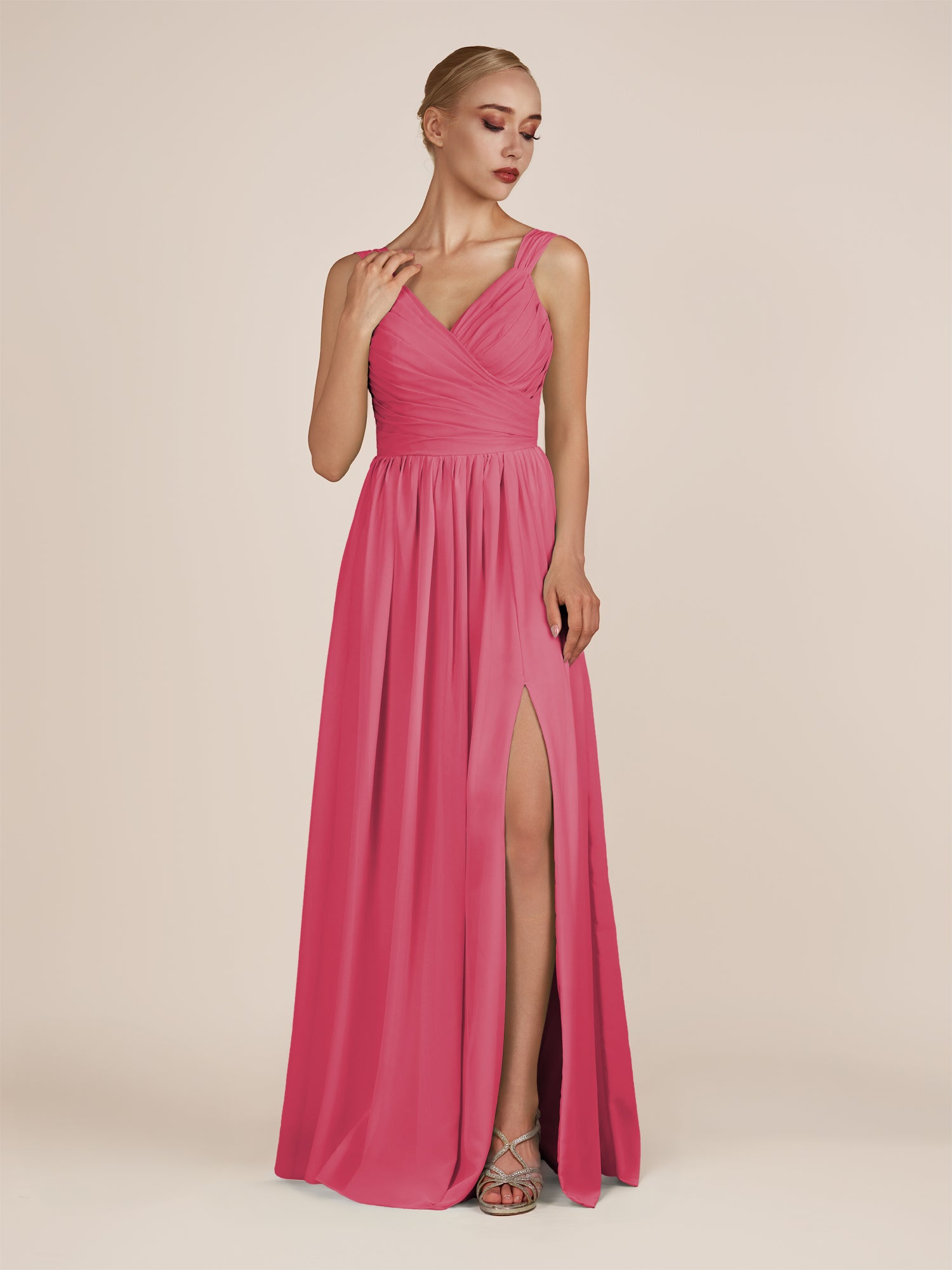 KissDress-Azura Fuchsia A-Line V Neck Chiffon Pleated Long Bridesmaid Dress with Slit