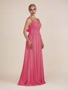 KissDress-Azura Fuchsia A-Line V Neck Chiffon Pleated Long Bridesmaid Dress with Slit