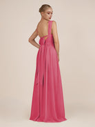 KissDress-Azura Fuchsia A-Line V Neck Chiffon Pleated Long Bridesmaid Dress with Slit