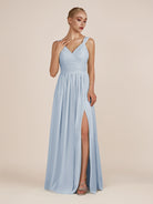 KissDress-Azura Ice A-Line V Neck Chiffon Pleated Long Bridesmaid Dress with Slit