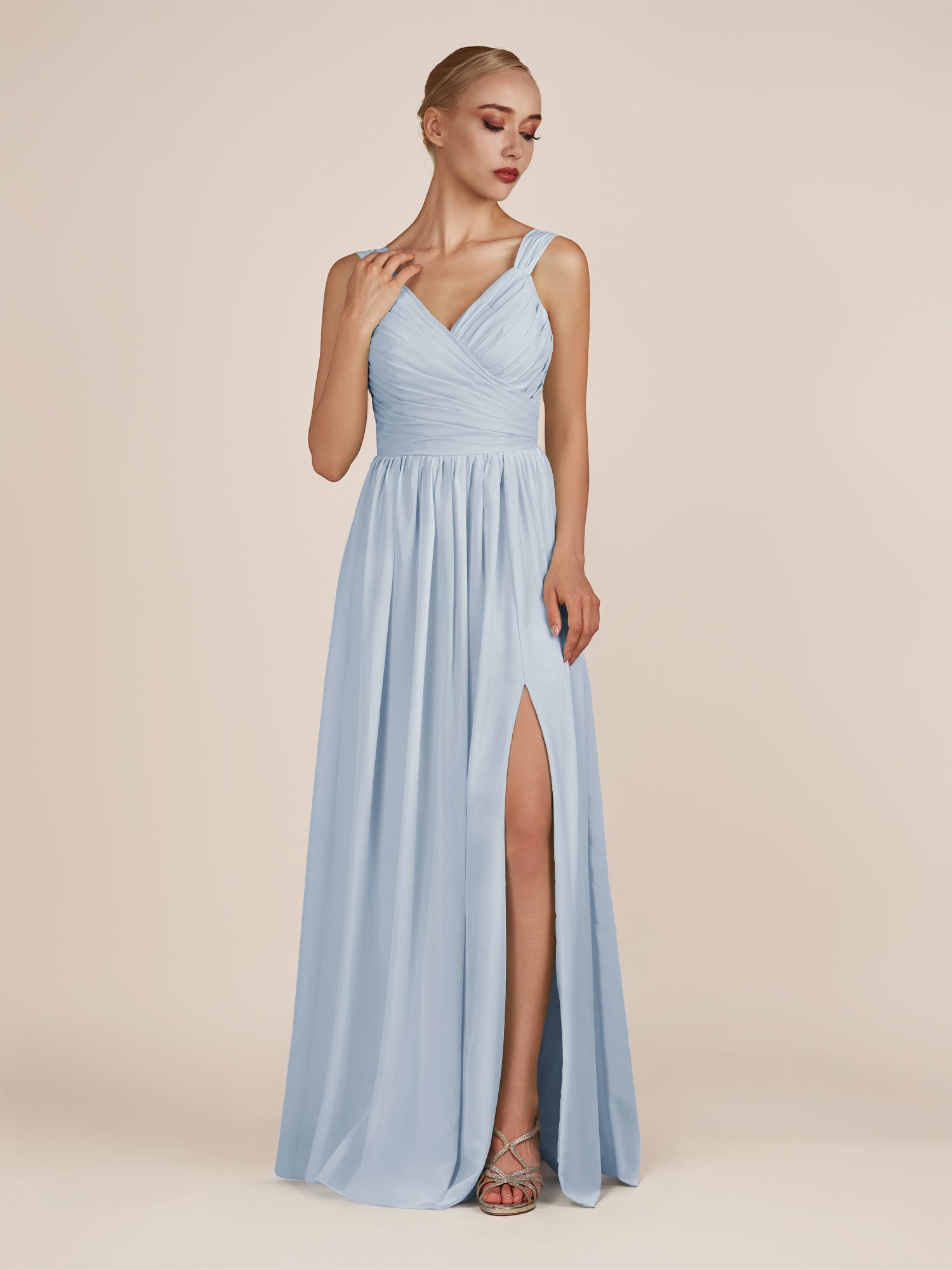 KissDress-Azura Ice A-Line V Neck Chiffon Pleated Long Bridesmaid Dress with Slit
