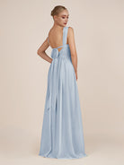 KissDress-Azura Ice A-Line V Neck Chiffon Pleated Long Bridesmaid Dress with Slit