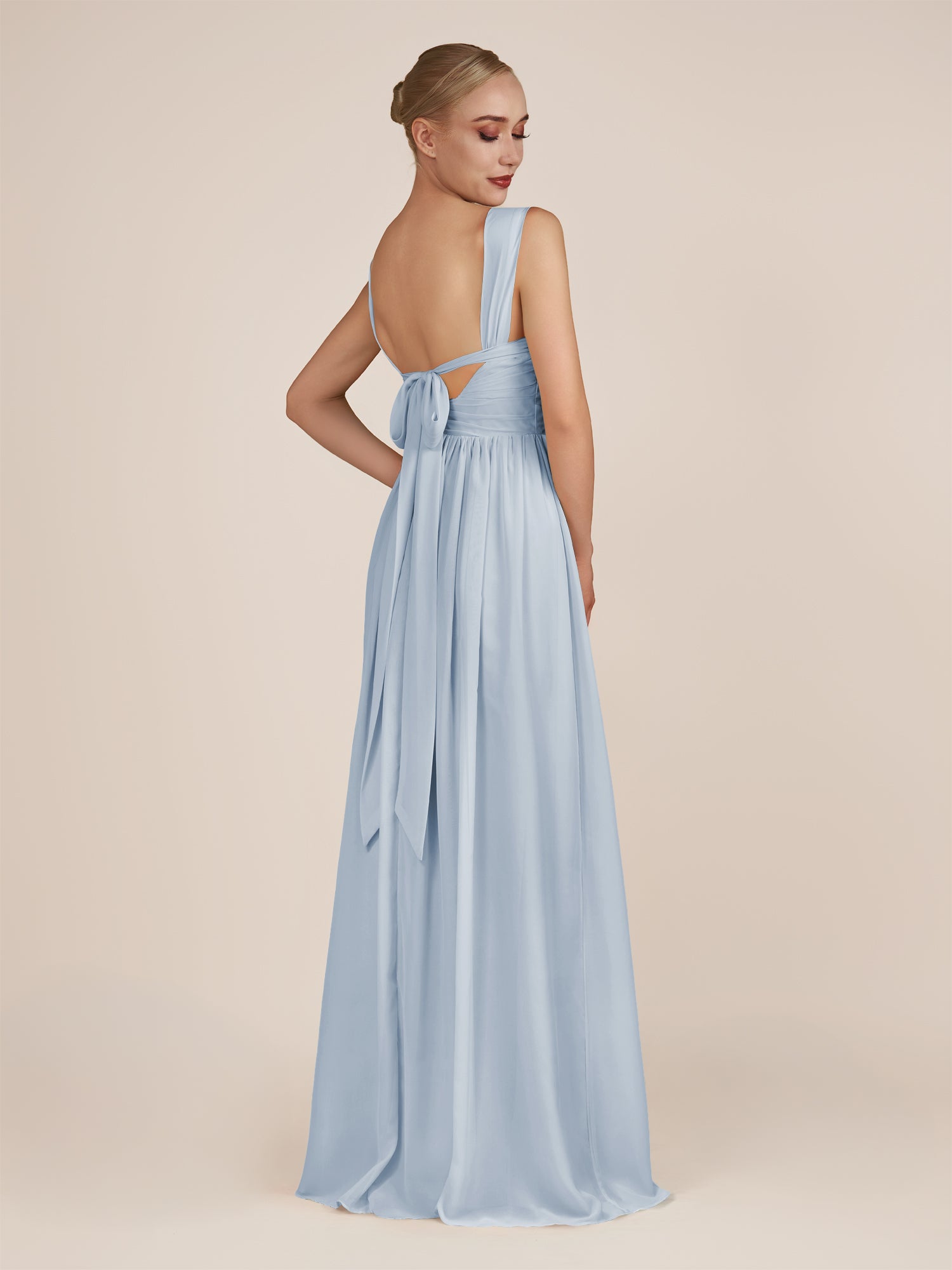 KissDress-Azura Ice A-Line V Neck Chiffon Pleated Long Bridesmaid Dress with Slit