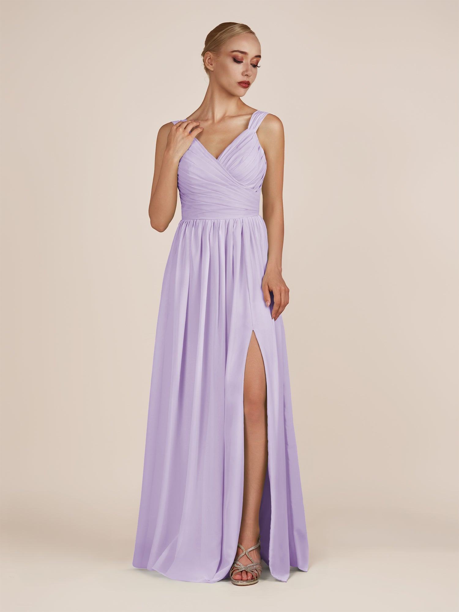 KissDress-Azura Lavender A-Line V Neck Chiffon Pleated Long Bridesmaid Dress with Slit