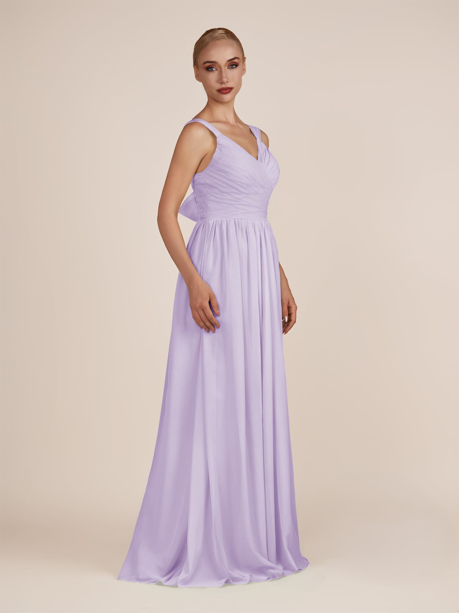 KissDress-Azura Lavender A-Line V Neck Chiffon Pleated Long Bridesmaid Dress with Slit