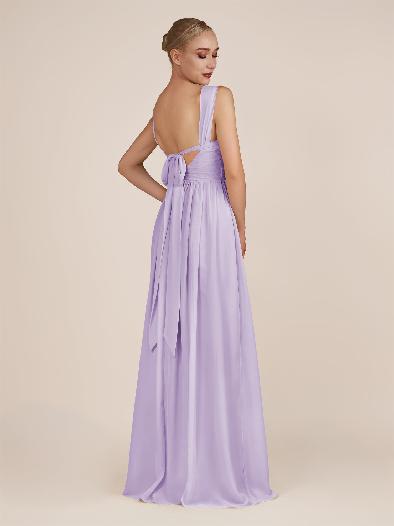 KissDress-Azura Lavender A-Line V Neck Chiffon Pleated Long Bridesmaid Dress with Slit