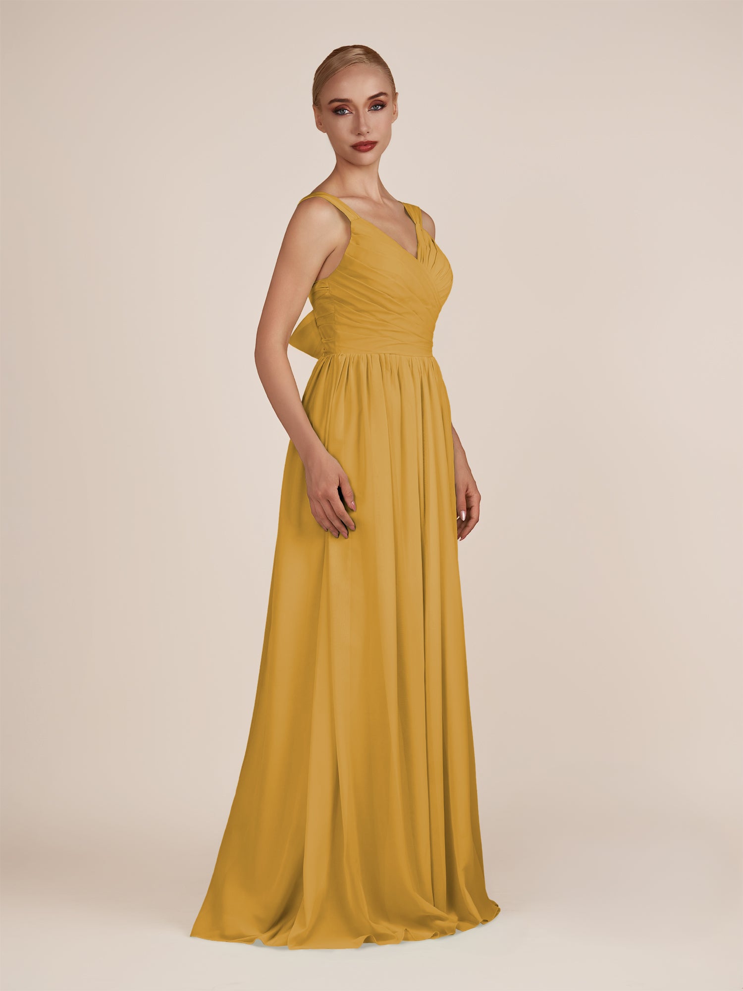 KissDress-Azura Marigold A-Line V Neck Chiffon Pleated Long Bridesmaid Dress with Slit