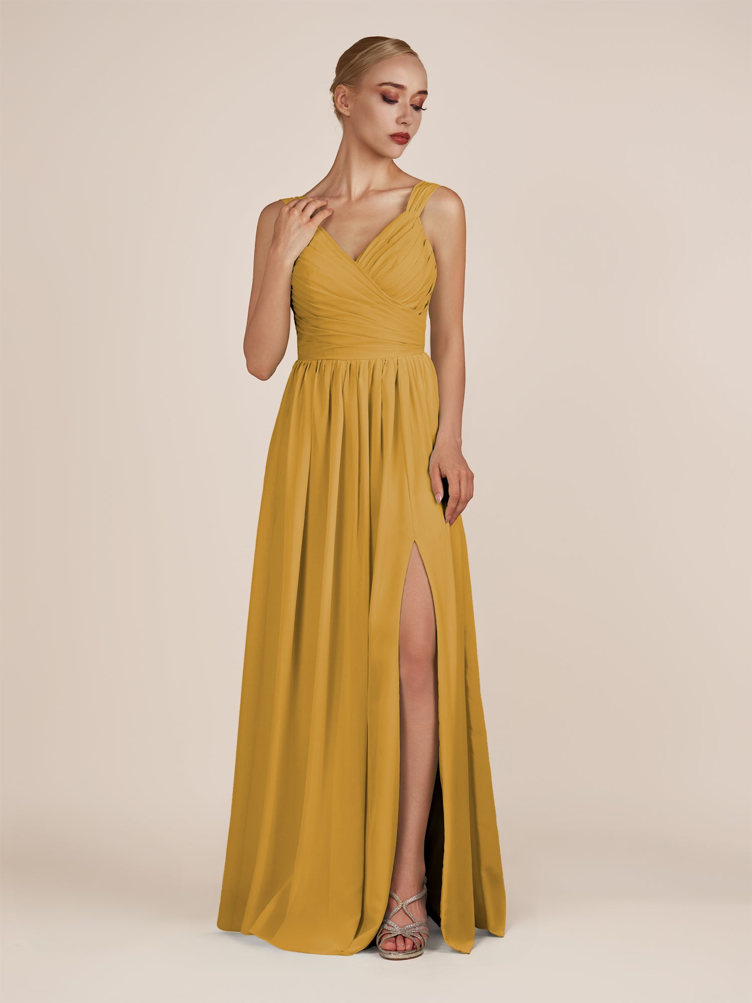 KissDress-Azura Marigold A-Line V Neck Chiffon Pleated Long Bridesmaid Dress with Slit
