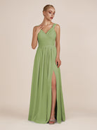 KissDress-Azura Matcha A-Line V Neck Chiffon Pleated Long Bridesmaid Dress with Slit
