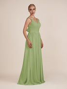 KissDress-Azura Matcha A-Line V Neck Chiffon Pleated Long Bridesmaid Dress with Slit
