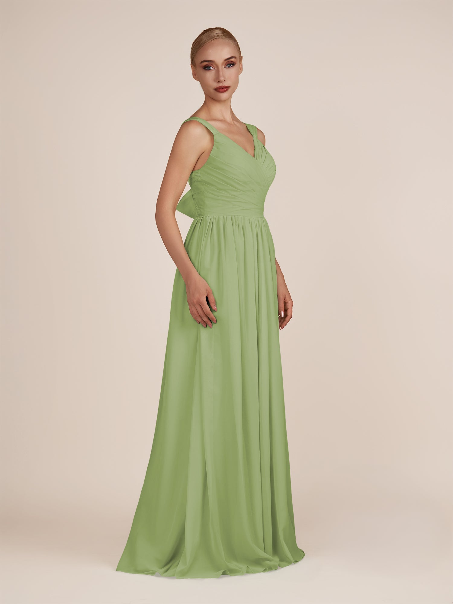 KissDress-Azura Matcha A-Line V Neck Chiffon Pleated Long Bridesmaid Dress with Slit