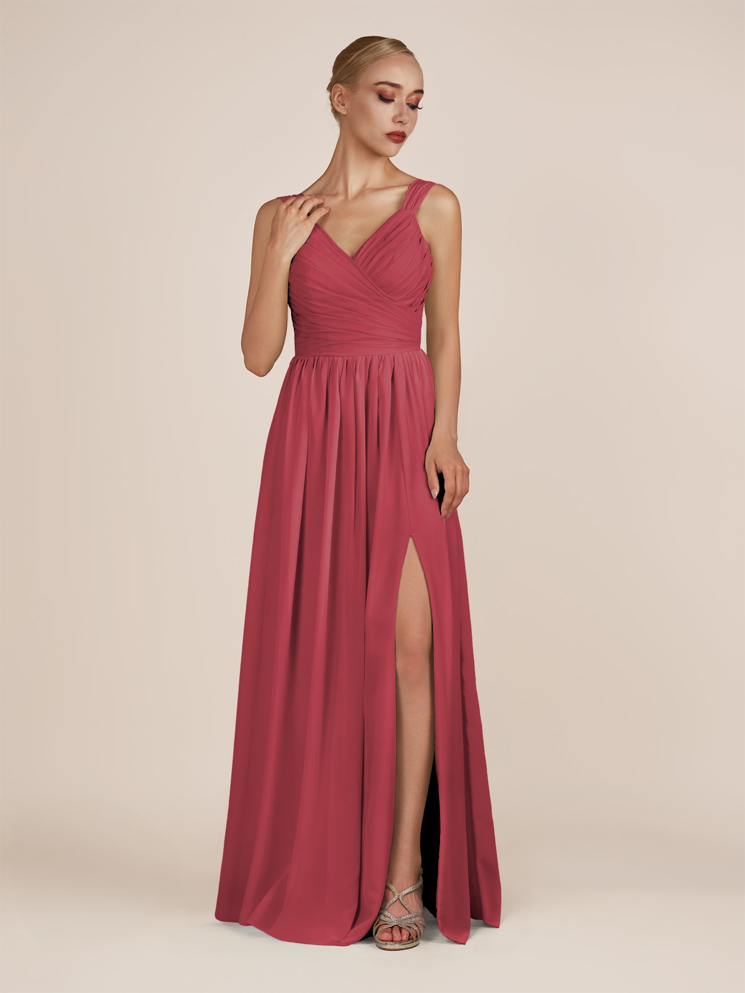 KissDress-Azura Merlot A-Line V Neck Chiffon Pleated Long Bridesmaid Dress with Slit