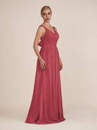 KissDress-Azura Merlot A-Line V Neck Chiffon Pleated Long Bridesmaid Dress with Slit