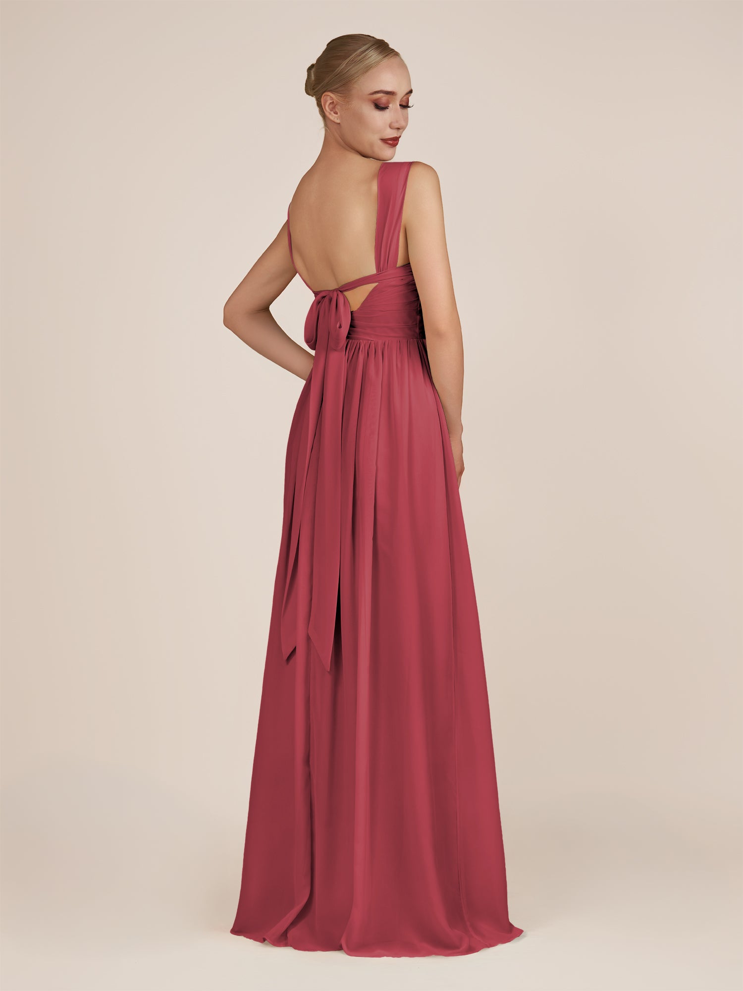 KissDress-Azura Merlot A-Line V Neck Chiffon Pleated Long Bridesmaid Dress with Slit