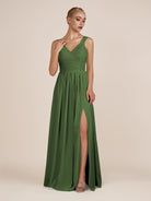 KissDress-Azura Moss A-Line V Neck Chiffon Pleated Long Bridesmaid Dress with Slit