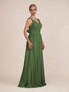 KissDress-Azura Moss A-Line V Neck Chiffon Pleated Long Bridesmaid Dress with Slit
