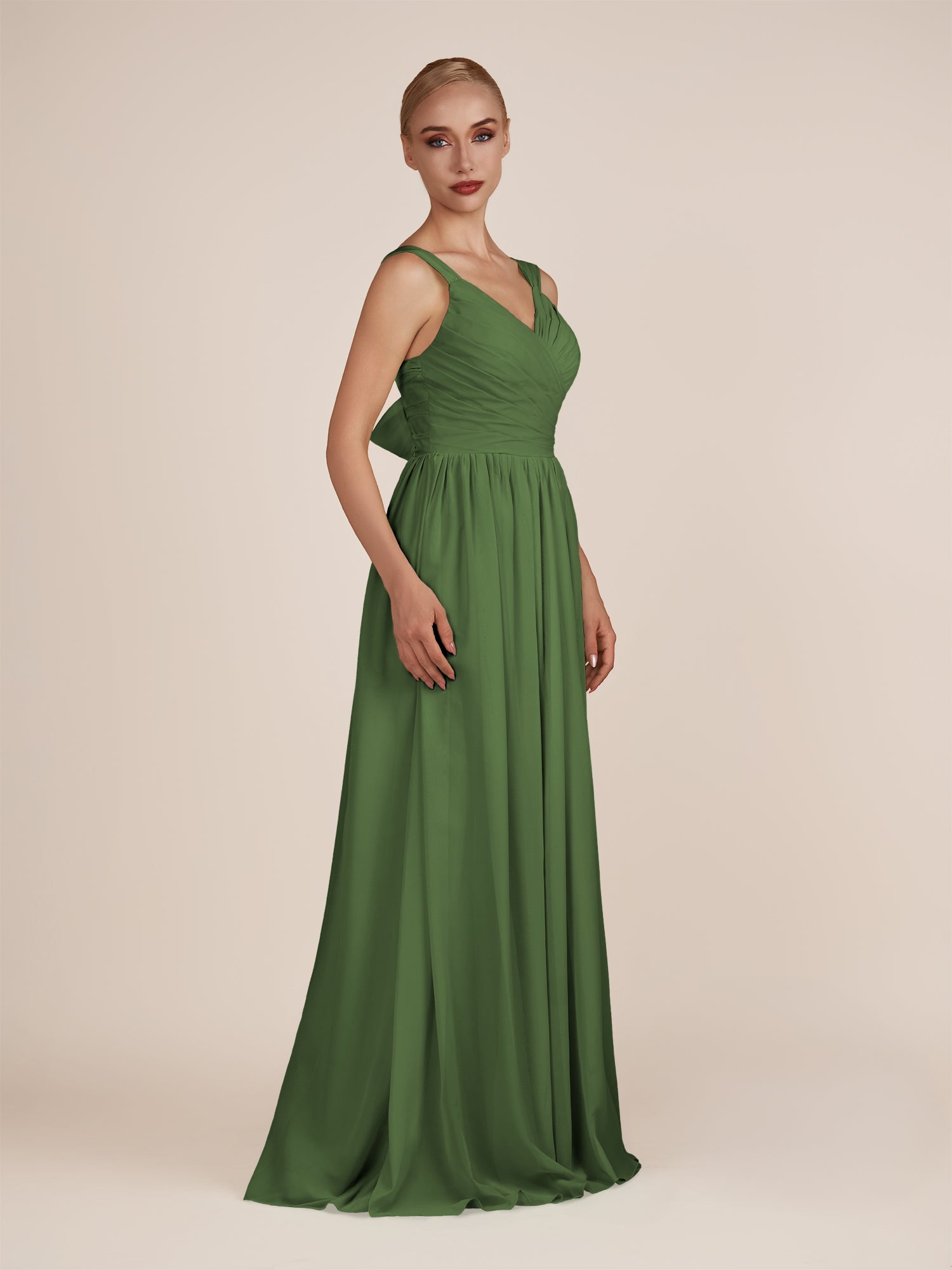 KissDress-Azura Moss A-Line V Neck Chiffon Pleated Long Bridesmaid Dress with Slit