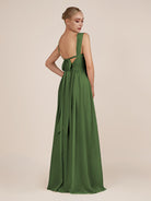 KissDress-Azura Moss A-Line V Neck Chiffon Pleated Long Bridesmaid Dress with Slit