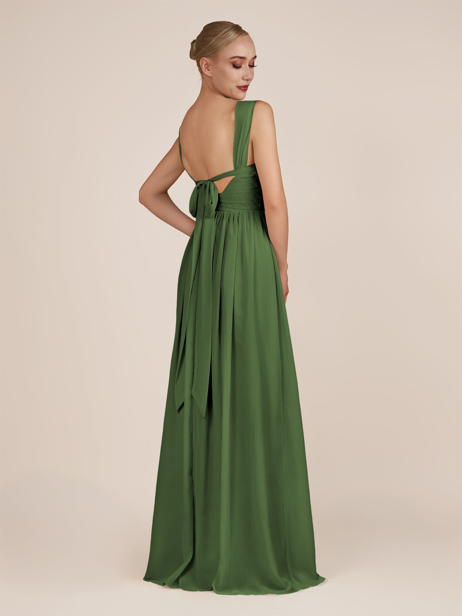 KissDress-Azura Moss A-Line V Neck Chiffon Pleated Long Bridesmaid Dress with Slit