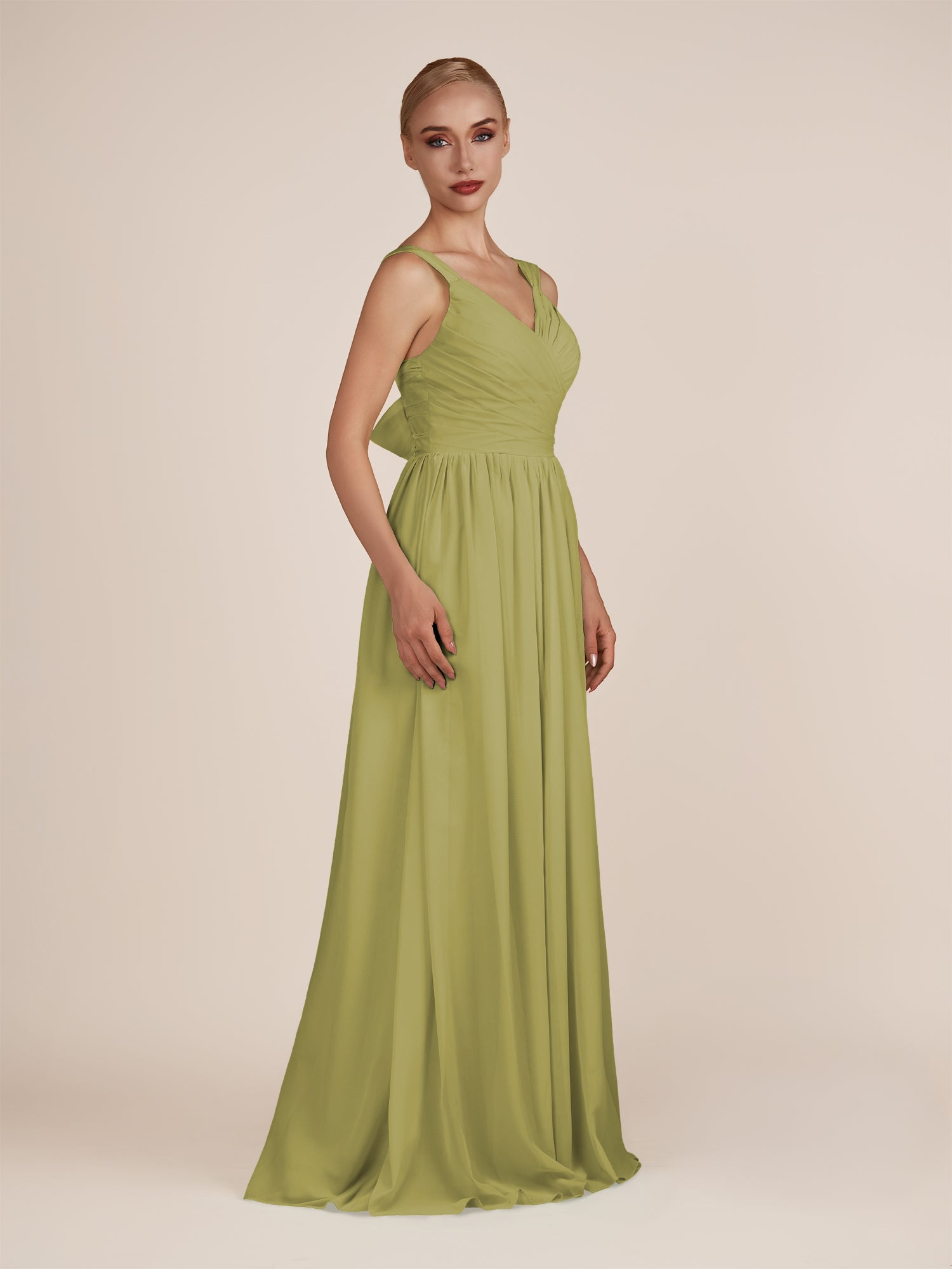 KissDress-Azura Moss Green A-Line V Neck Chiffon Pleated Long Bridesmaid Dress with Slit