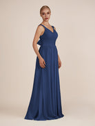 KissDress-Azura Navy A-Line V Neck Chiffon Pleated Long Bridesmaid Dress with Slit