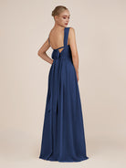 KissDress-Azura Navy A-Line V Neck Chiffon Pleated Long Bridesmaid Dress with Slit
