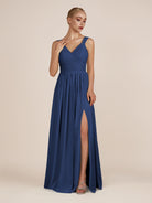 KissDress-Azura Navy A-Line V Neck Chiffon Pleated Long Bridesmaid Dress with Slit