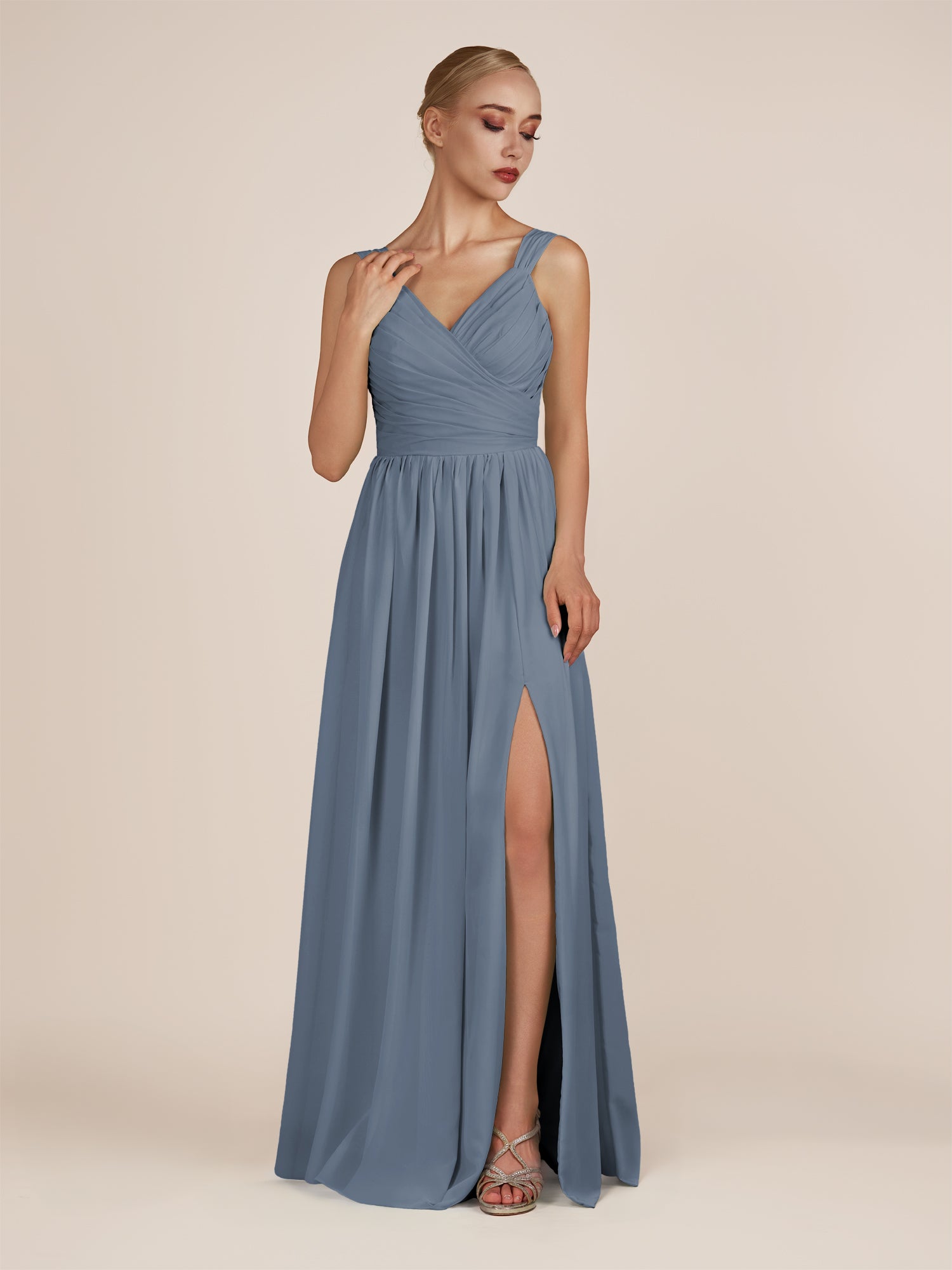 KissDress-Azura Neptune A-Line V Neck Chiffon Pleated Long Bridesmaid Dress with Slit