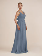KissDress-Azura Neptune A-Line V Neck Chiffon Pleated Long Bridesmaid Dress with Slit