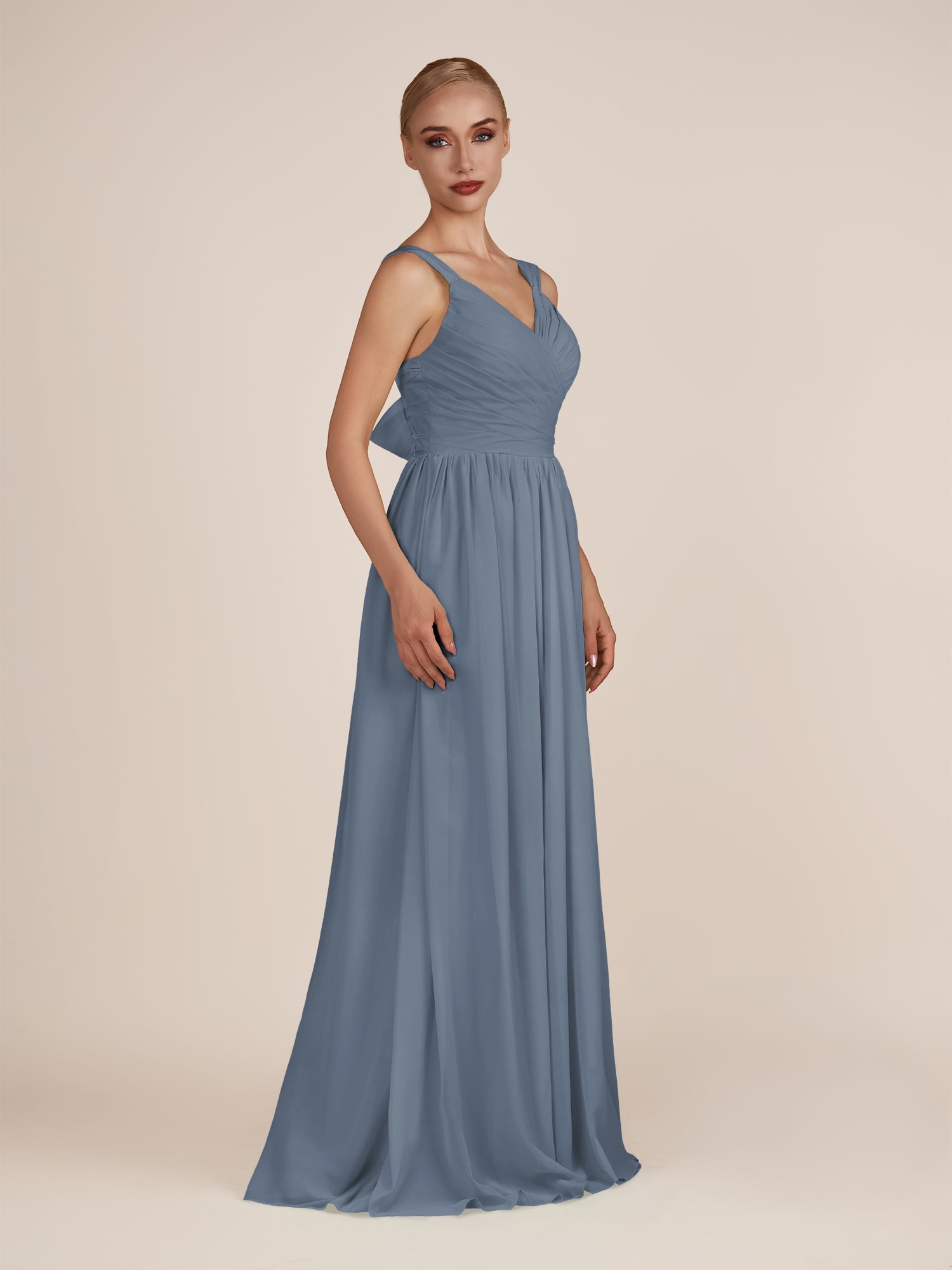 KissDress-Azura Neptune A-Line V Neck Chiffon Pleated Long Bridesmaid Dress with Slit