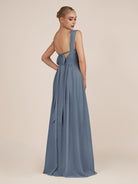 KissDress-Azura Neptune A-Line V Neck Chiffon Pleated Long Bridesmaid Dress with Slit