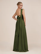 KissDress-Azura Olive A-Line V Neck Chiffon Pleated Long Bridesmaid Dress with Slit