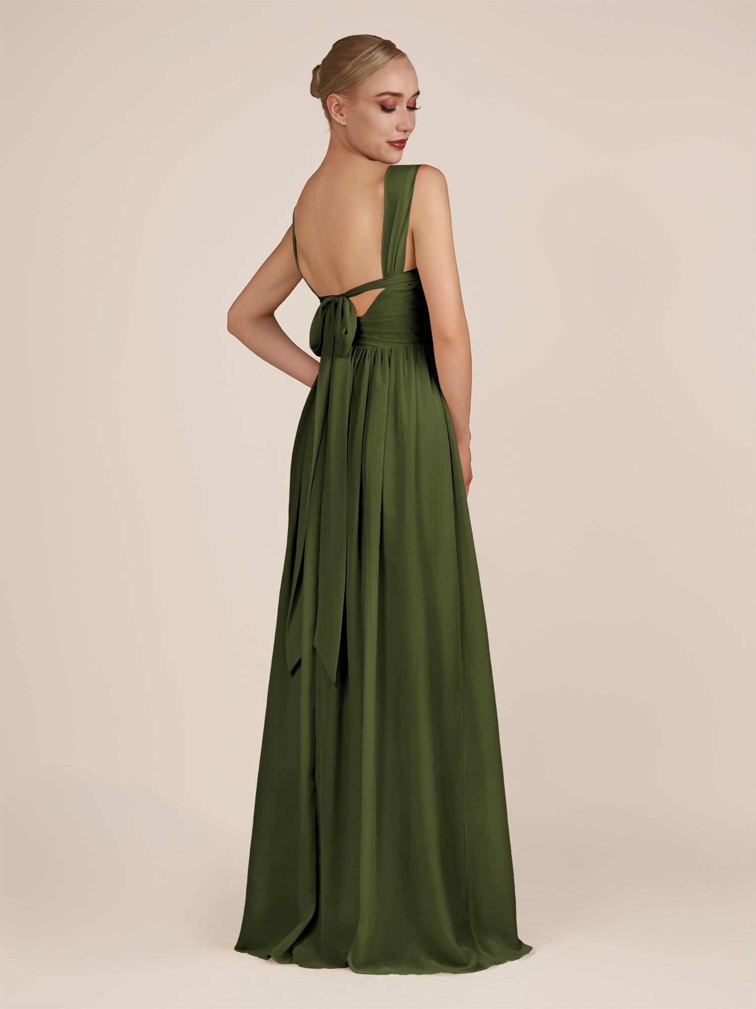 KissDress-Azura Olive A-Line V Neck Chiffon Pleated Long Bridesmaid Dress with Slit