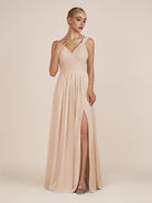 KissDress-Azura Pale Blush A-Line V Neck Chiffon Pleated Long Bridesmaid Dress with Slit