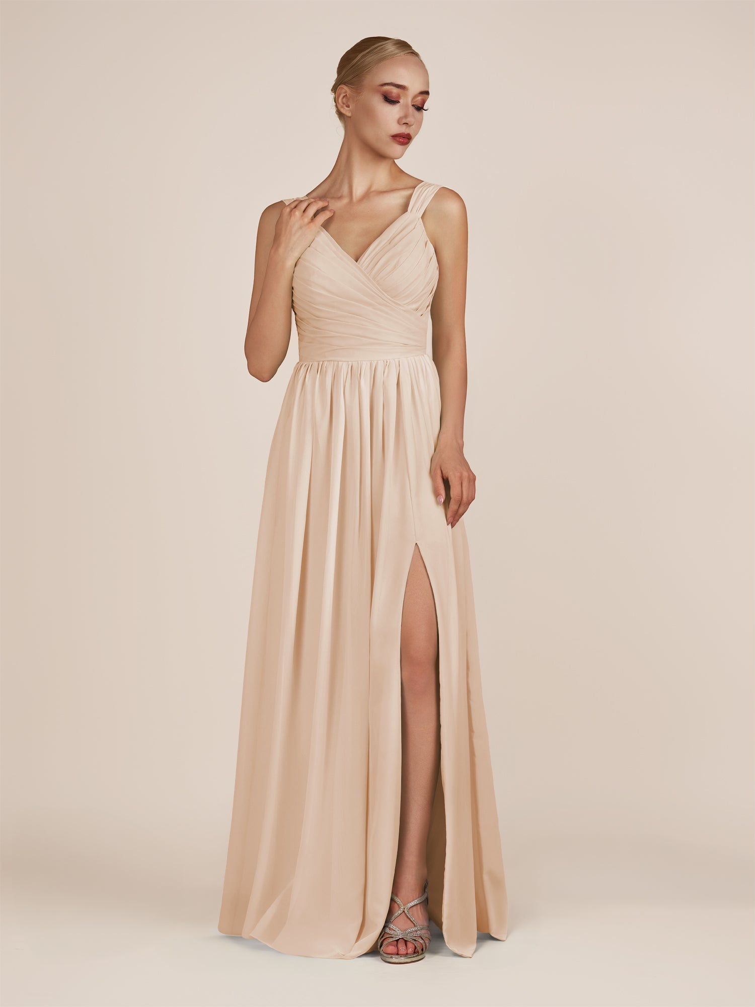 KissDress-Azura Pale Blush A-Line V Neck Chiffon Pleated Long Bridesmaid Dress with Slit