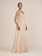 KissDress-Azura Pale Blush A-Line V Neck Chiffon Pleated Long Bridesmaid Dress with Slit