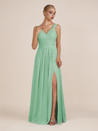 KissDress-Azura Pale Pistachio A-Line V Neck Chiffon Pleated Long Bridesmaid Dress with Slit