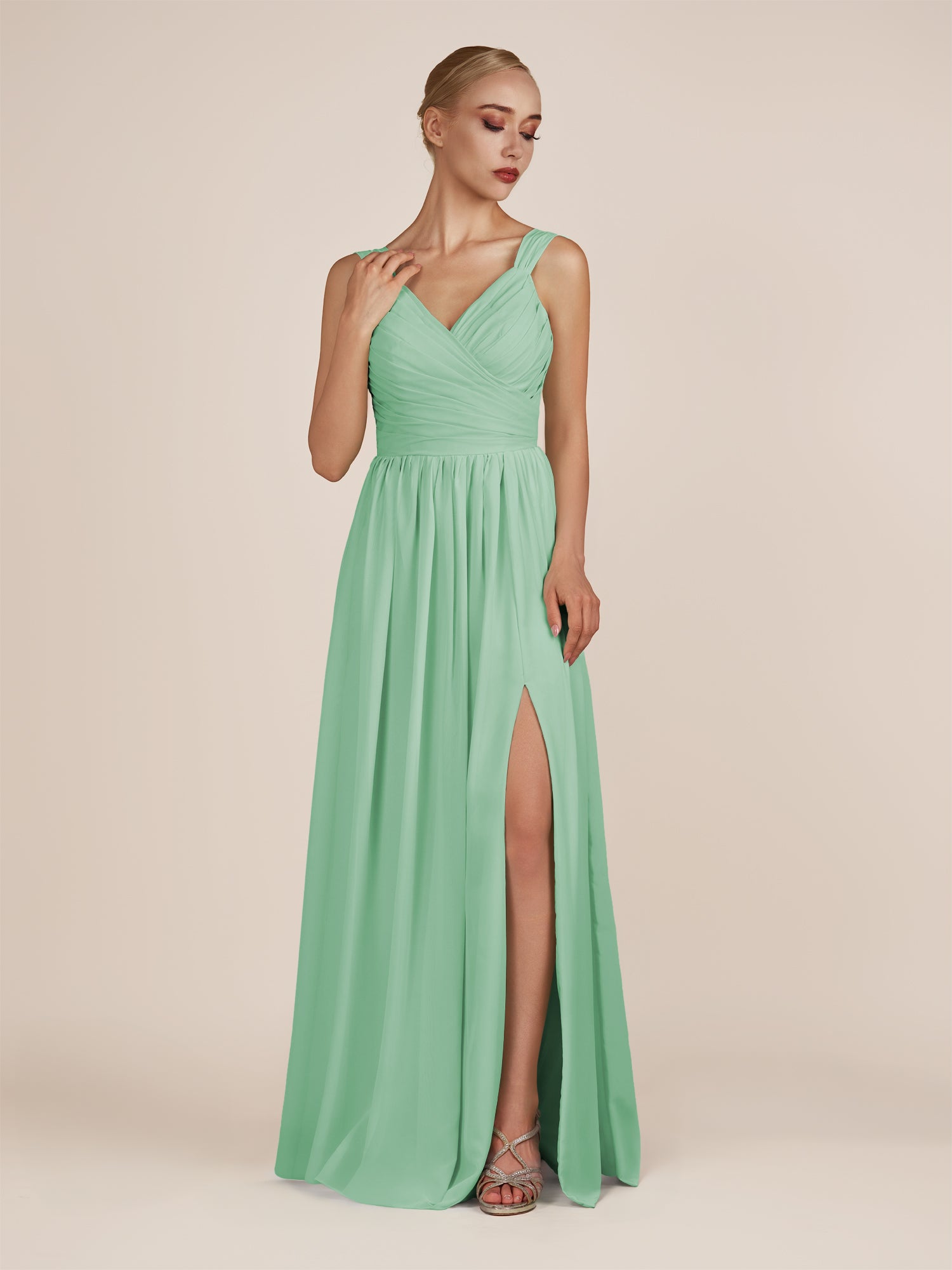 KissDress-Azura Pale Pistachio A-Line V Neck Chiffon Pleated Long Bridesmaid Dress with Slit