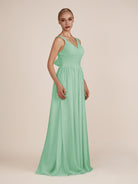 KissDress-Azura Pale Pistachio A-Line V Neck Chiffon Pleated Long Bridesmaid Dress with Slit