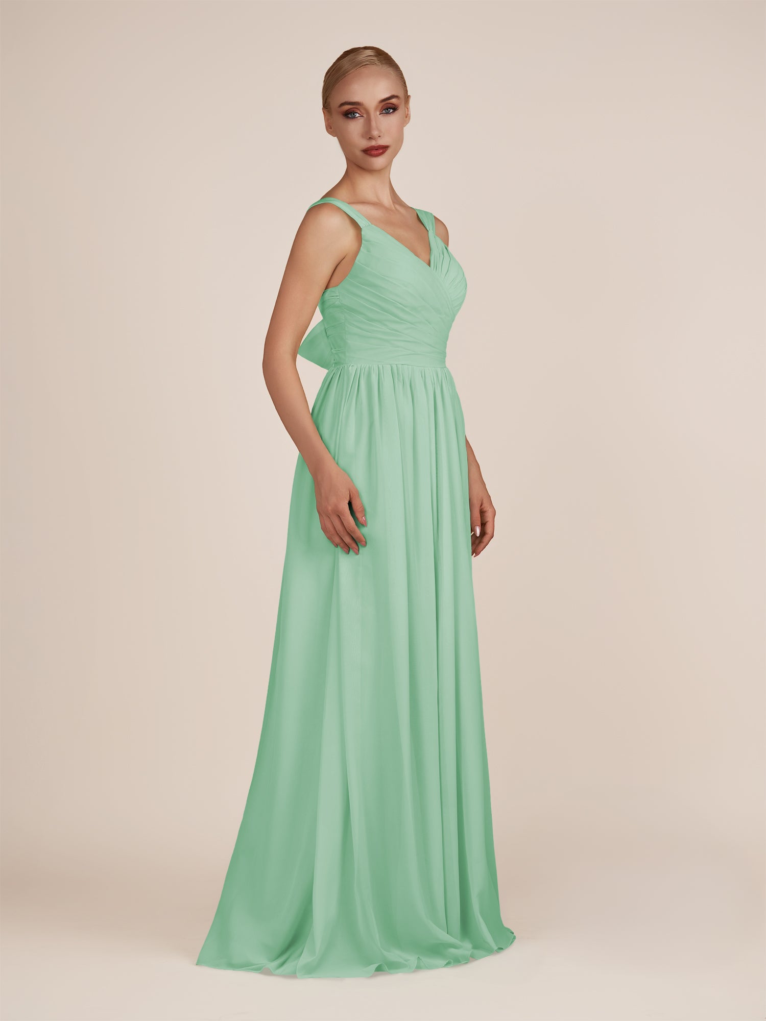 KissDress-Azura Pale Pistachio A-Line V Neck Chiffon Pleated Long Bridesmaid Dress with Slit