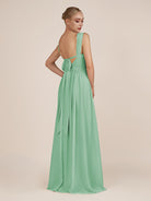 KissDress-Azura Pale Pistachio A-Line V Neck Chiffon Pleated Long Bridesmaid Dress with Slit