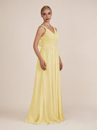 KissDress-Azura Pastel Yellow A-Line V Neck Chiffon Pleated Long Bridesmaid Dress with Slit